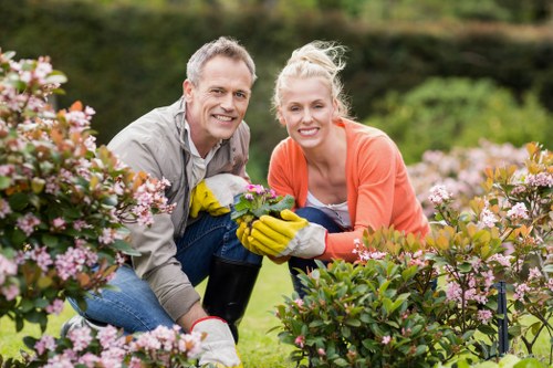 Team clearing garden debris and overgrowth